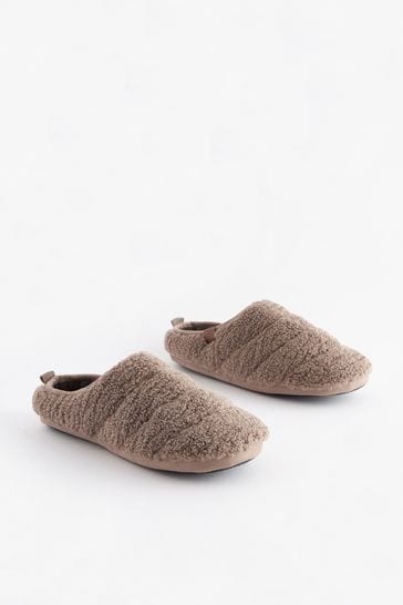 Stone Brown Padded Borg Mule Slippers