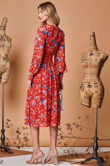 Red floral long discount sleeve dress