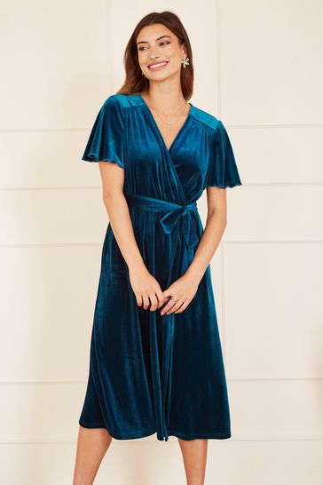 Yumi Blue Wrap Over Midi Dress With Angel Sleeves and Split Hem