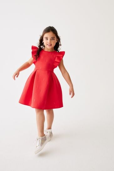 Baker by Ted Baker Red Embossed Frilled Scuba Dress