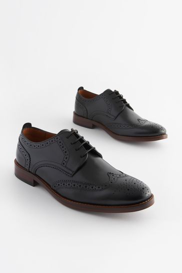 Black Wide Fit Leather Contrast Sole Brogue Shoes