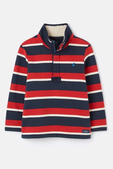 Joules Winter Dale Red/Navy Quarter Zip Sweatshirt with Fleece Lining