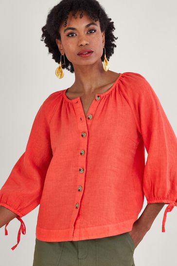 Monsoon Red Round Neck Tie Cuffs Linen Blouse