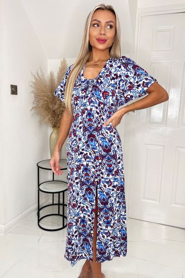 Blue floral deals v neck dress