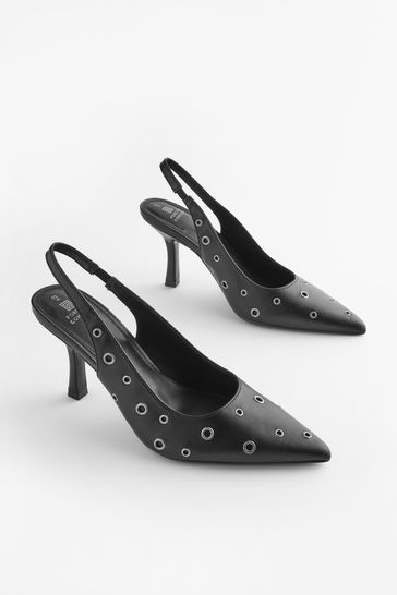 Black Forever Comfort® Eyelet Point Toe Slingback Heels