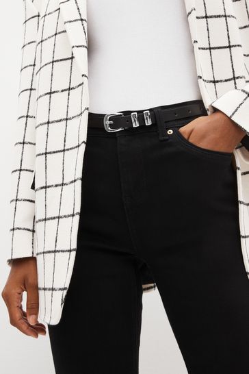 Black Leather Skinny Metal Detail Belt