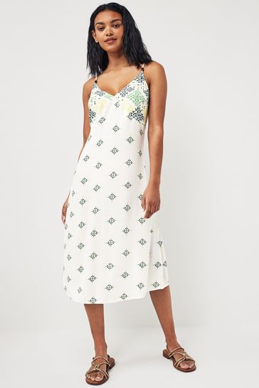 Cream/Green Midi Strappy Summer Slip Dress