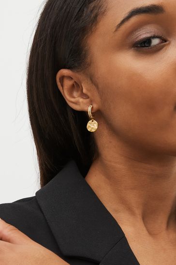 Gold Tone Hammered Coin Drop Pave Hoop Earrings