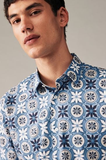 Blue Geometric Regular Fit Printed Short Sleeve Shirt