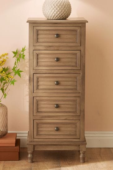 Pacific Lifestyle Taupe Pine Wood 5 Drawer Tall Boy K/D