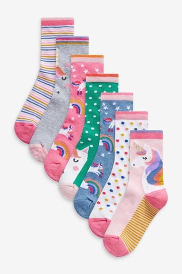 Pink 7 Pack Unicorn Cotton Rich Ankle Socks