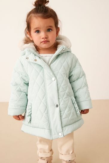 Buy Mint Green Shower Resistant Faux Fur Hood Trim Coat 3mths