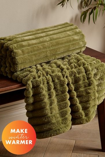 Catherine Lansfield Olive Green Soft and Cosy Ribbed Faux Fur Throw