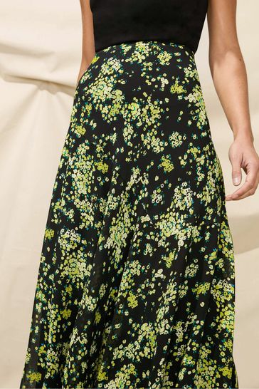 Long black yellow floral skirt new arrivals