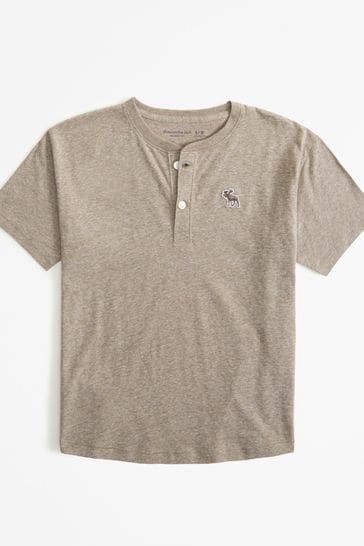 Abercrombie & Fitch Essentials Logo Short Sleeve Button Collar Logo Brown T-Shirt
