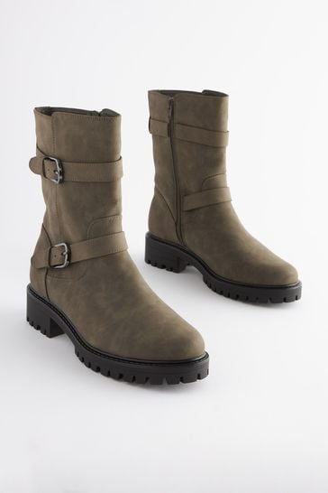 Khaki Green Extra Wide Fit Forever Comfort® Buckle Biker Boots