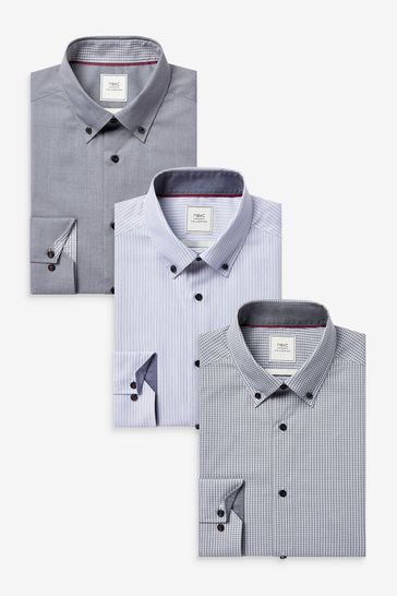 Grey Check/Stripe Slim Fit Single Cuff Shirts 3 Pack