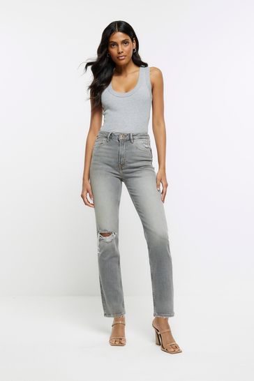 River Island Grey High Rise Slim Straight Non - Strtech Ripped Jeans