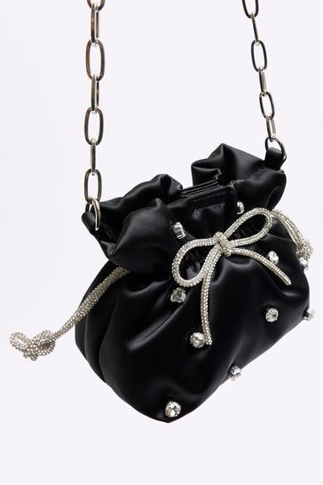 River Island Black Satin Gem Drawstring Bag