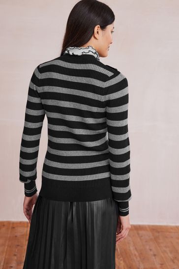 Black Grey Pie Collar High Neck Stripe Jumper