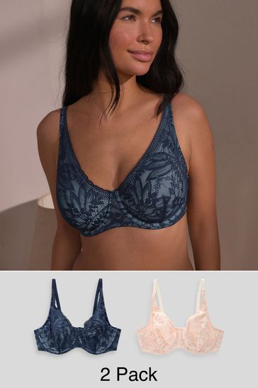 Navy Blue/Cream DD+ Non Pad Full Cup Lace Detail Bras 2 Pack