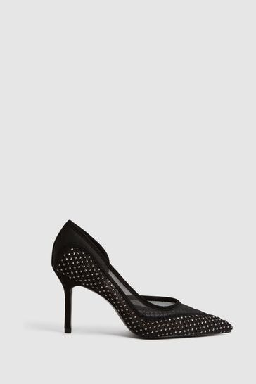 Reiss Black Keri Embellished Mesh Court Shoes