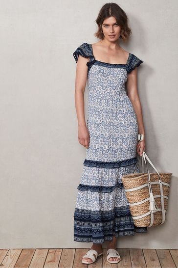 Mint Velvet Allie Print Tiered Maxi White Dress