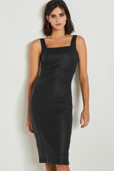 Black Coated Denim Midi Dress