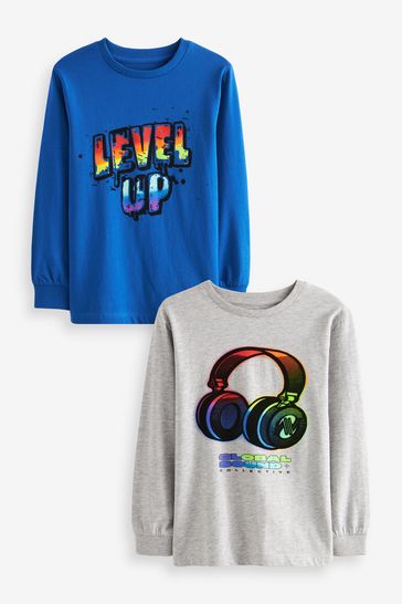 Blue/Grey Rainbow Headphones Long Sleeve Graphic T-Shirts 2 Pack (3-16yrs)