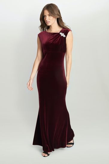 Gina Bacconi Red Edina Maxi Velvet Gown With Asymmetrical Neckline And Embellishment
