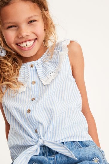 Blue Stripe Frill Collar Tie Front Blouse (3-16yrs)