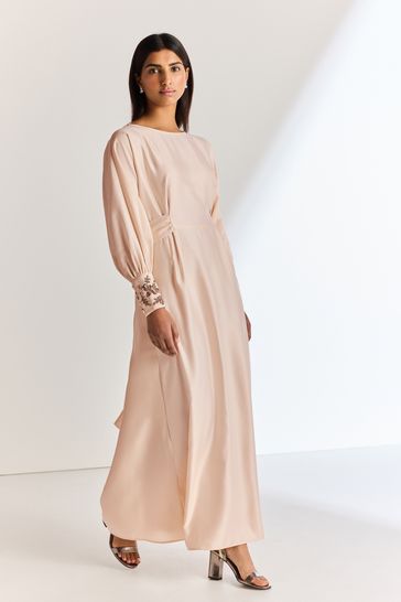 Pink Embellished Cuff Long Sleeve Occasion Maxi Dress