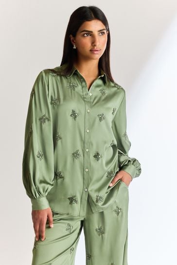 Green Embellished Occasion Shirt