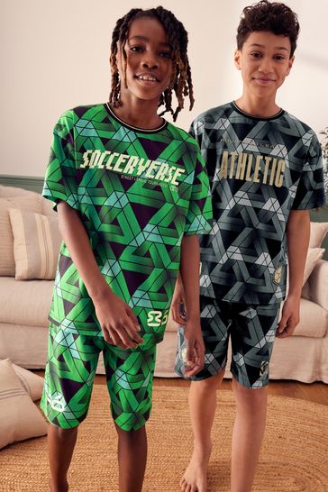 Green Black Football 100 Cotton Short Pyjamas 2 Pack 4 16yrs
