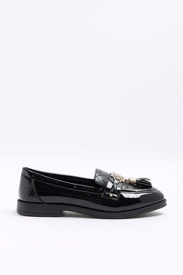 River Island Black Wide Fit Fringed Patent Loafers