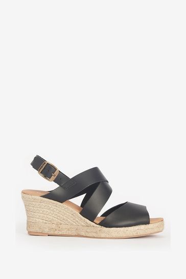 Barbour® Black Yolanda Leather Espadrille Wedge Sandals