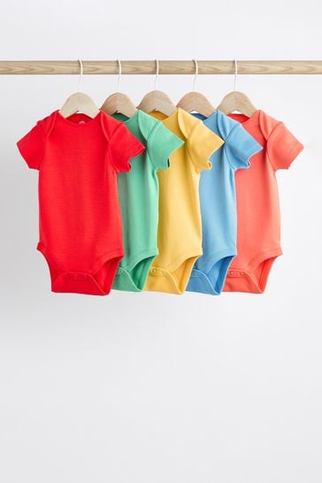 Bright Plain Short Sleeve Baby Bodysuits 5 Pack