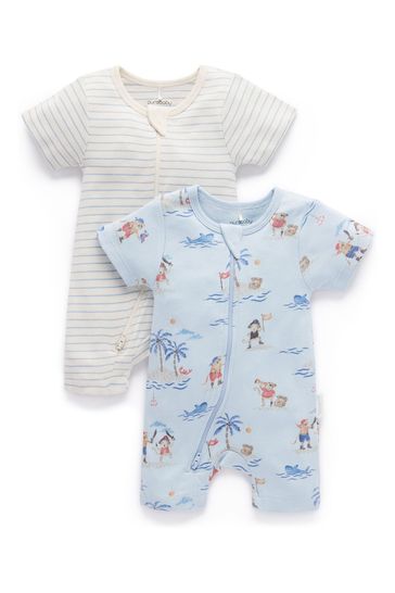Purebaby Blue Beach Print Zip Baby Sleepsuits 2 Pack