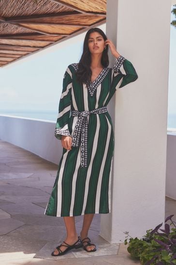 Green/White Stripe Premium Stripe Belted Kaftan Summer Dress