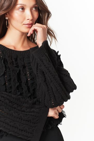 Buy Black Ruffle Cable Long Sleeve Jumper from Next Luxembourg