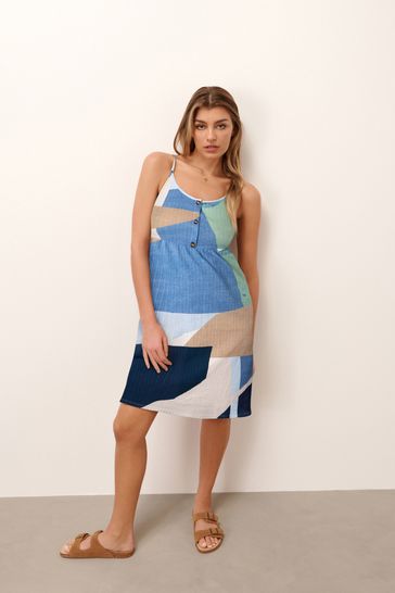 Blue Abstract Button Down 100 Cotton Cami Summer Dress