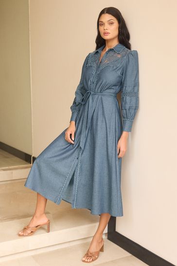 Buy Lipsy Lace Detail Long Sleeve Midi Shirt Dress With Tie Belt from Next Bahrain