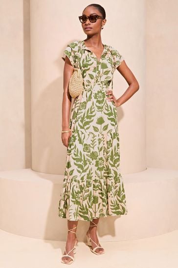 Lipsy Green Short Sleeve Tiered Printed Summer Midi Dress