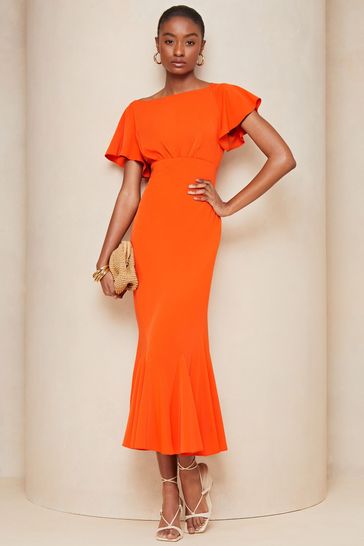 Lipsy Orange Flutter Sleeve Underbust Midi Dress