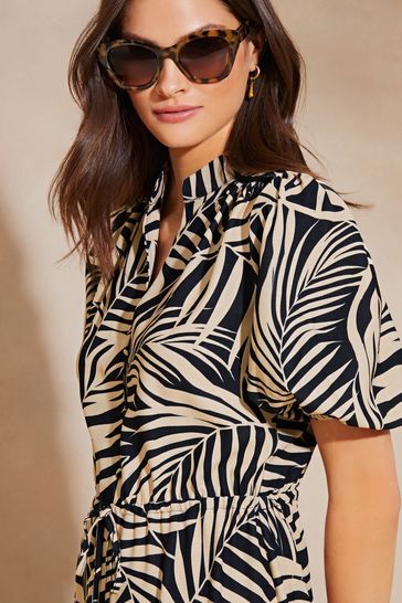 Lipsy Natural Palm Print Petite Puff Sleeve Shirt Midi Dress
