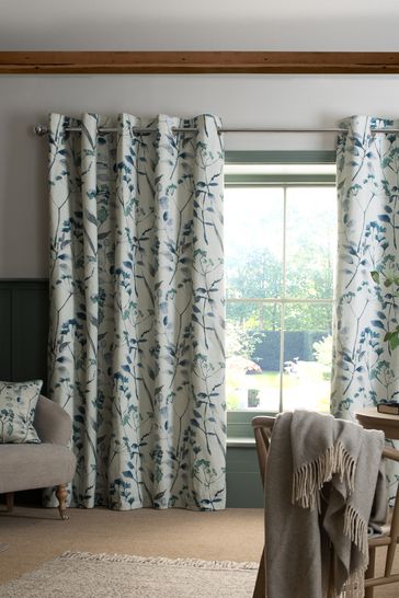 Blue Isla Floral Print Eyelet Blackout/Thermal Curtains
