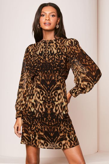 Lipsy Brown Animal Placement Printed Long Sleeve Shift Mini Dress