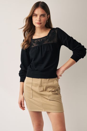 Buy Black Lace Mesh Insert Square Neck Long Sleeve Top from Next Bahrain