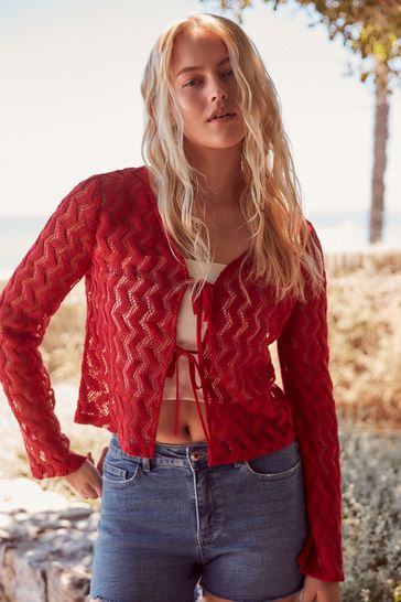 Buy Red Crochet Knit Tie Detail Textured Cardigan from Next Kuwait