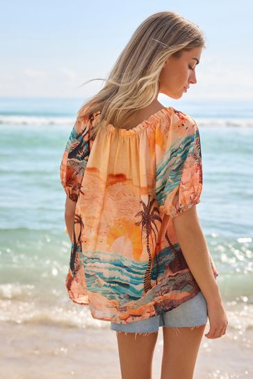 Buy Orange Scenic Print - Short Sleeve Tie Neck Bardot Blouse from 